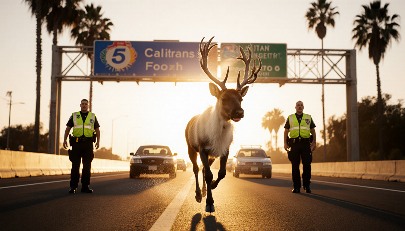 Reindeer runs down freeway at dawn with sunlight casting long shadows and CHP officers looking shocked nearby.