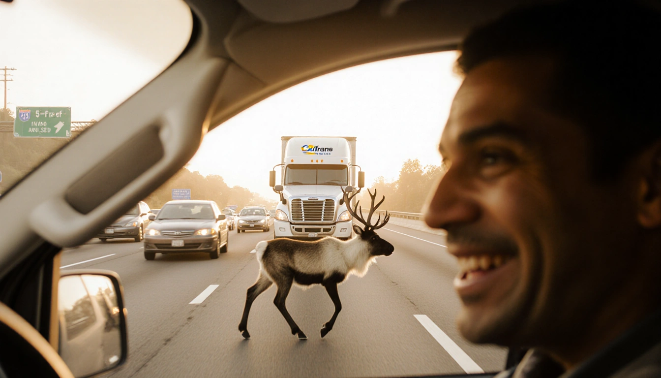 Reindeer trotting down 5 Freeway with a swerving Caltrans truck blocking traffic and a driver watching in shock.