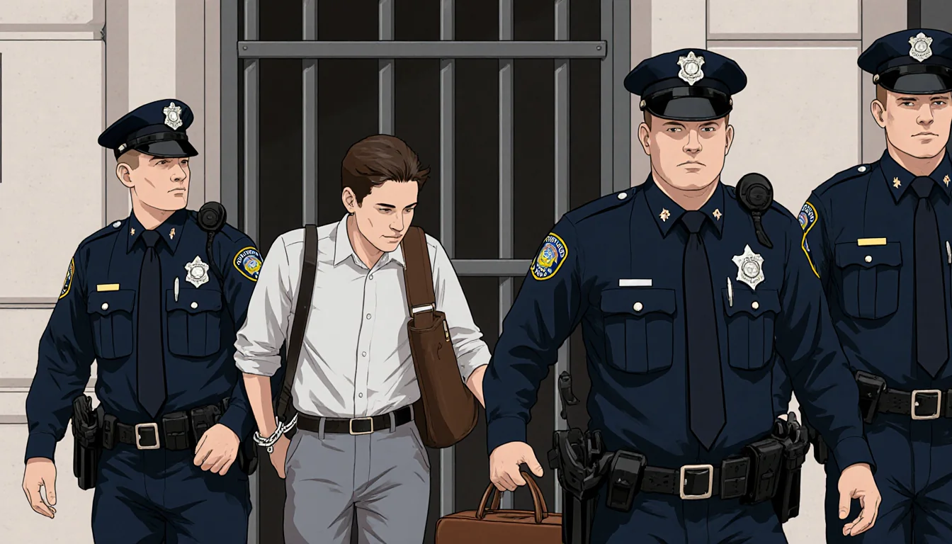 Reiner being led away by two police officers with handcuffs and badge near a jailhouse.