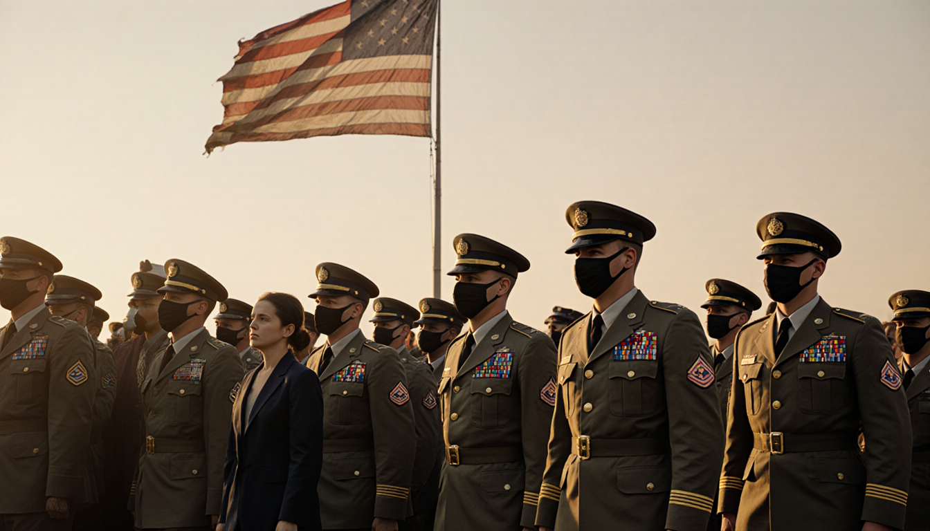 Uniformed soldiers marching with a civilian figure beside them and a faded American flag fluttering in background