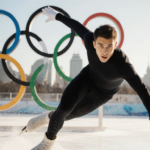 Rell Harwood focused ice skating with skate midair and Olympic rings behind on sunny winter day.