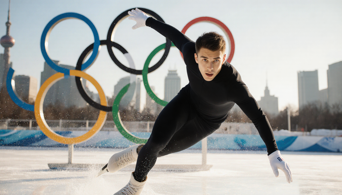Rell Harwood focused ice skating with skate midair and Olympic rings behind on sunny winter day.