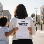 Woman and mayor hold Rent Stabilization Ordinance with child on mayor’s leg near sunny South LA street with murals