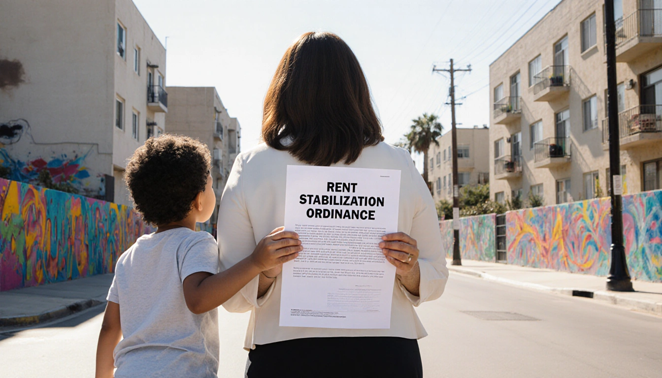 Woman and mayor hold Rent Stabilization Ordinance with child on mayor’s leg near sunny South LA street with murals