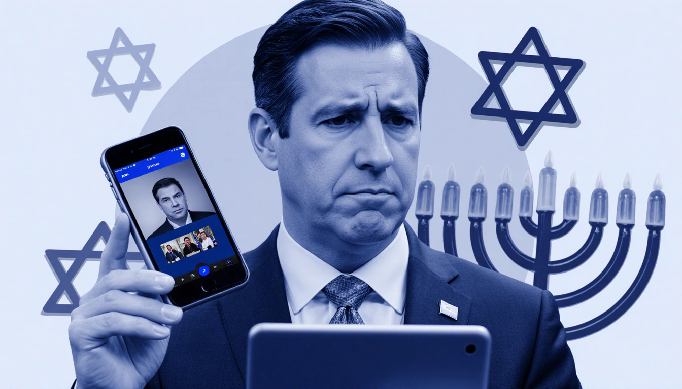 Rep. Eric Swalwell looks concerned while holding a tablet showing Puka Nacua livestream with blurred Jewish symbols in backgr