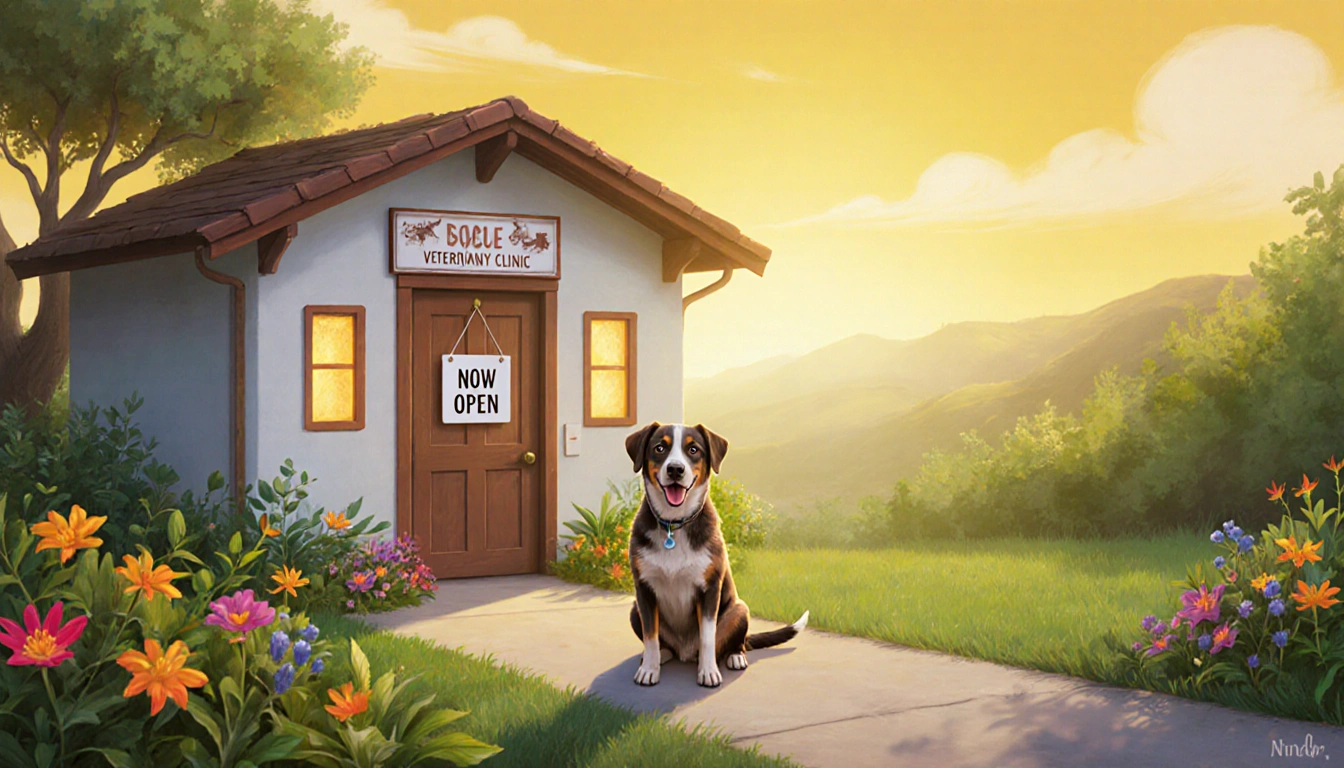 Rescue dog sitting beside a glowing veterinary clinic door with lush greenery and a sunny yellow sky