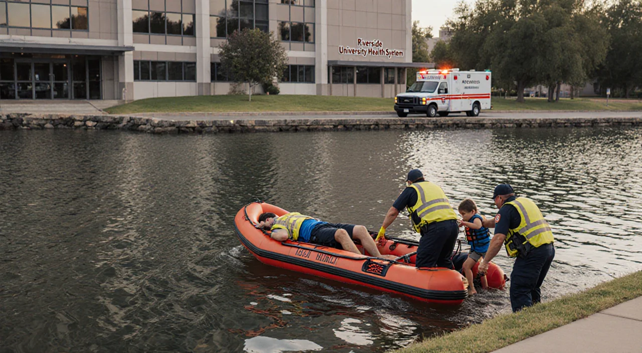 Rescue vessel brings to lake shore with paramedics pulling unconscious father and child onto land near Riverside Hospital.
