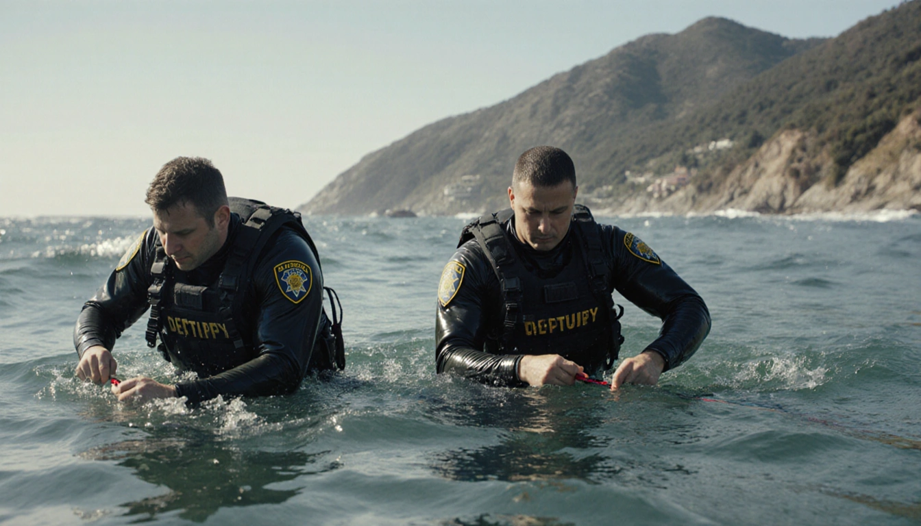 Deputies removing gear and cutting paraglider lines while swimming offshore with rippling waves and Malibu coast