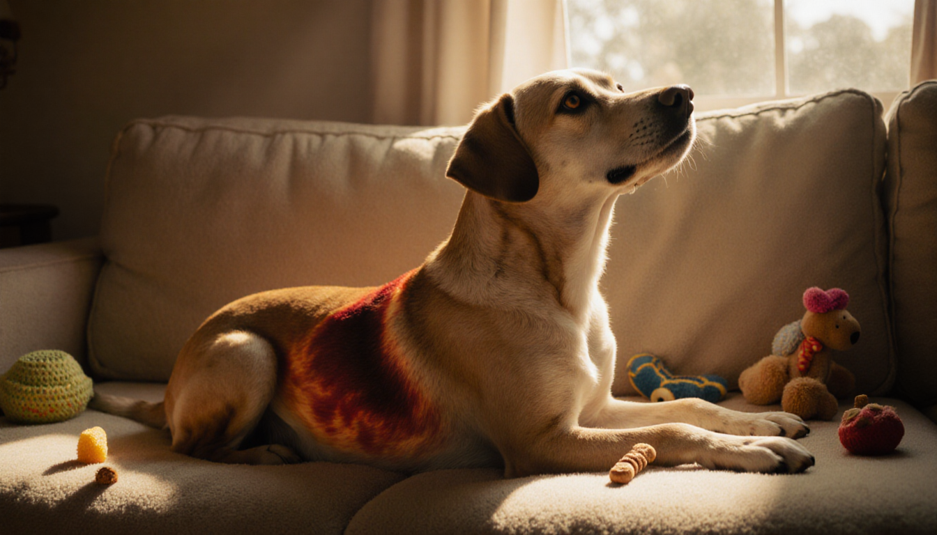 Luke the rescued dog sits on a plush couch with a bright scar and golden light and toys around him.