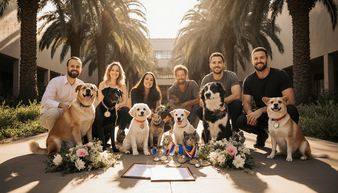 Rescued dogs and kittens pose with their owners in a sunlit courtyard with award medals and fresh flowers.