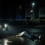 Blurred figure lying on ground with police tape and forensic markers near a police car whose lights reflect on wet pavement