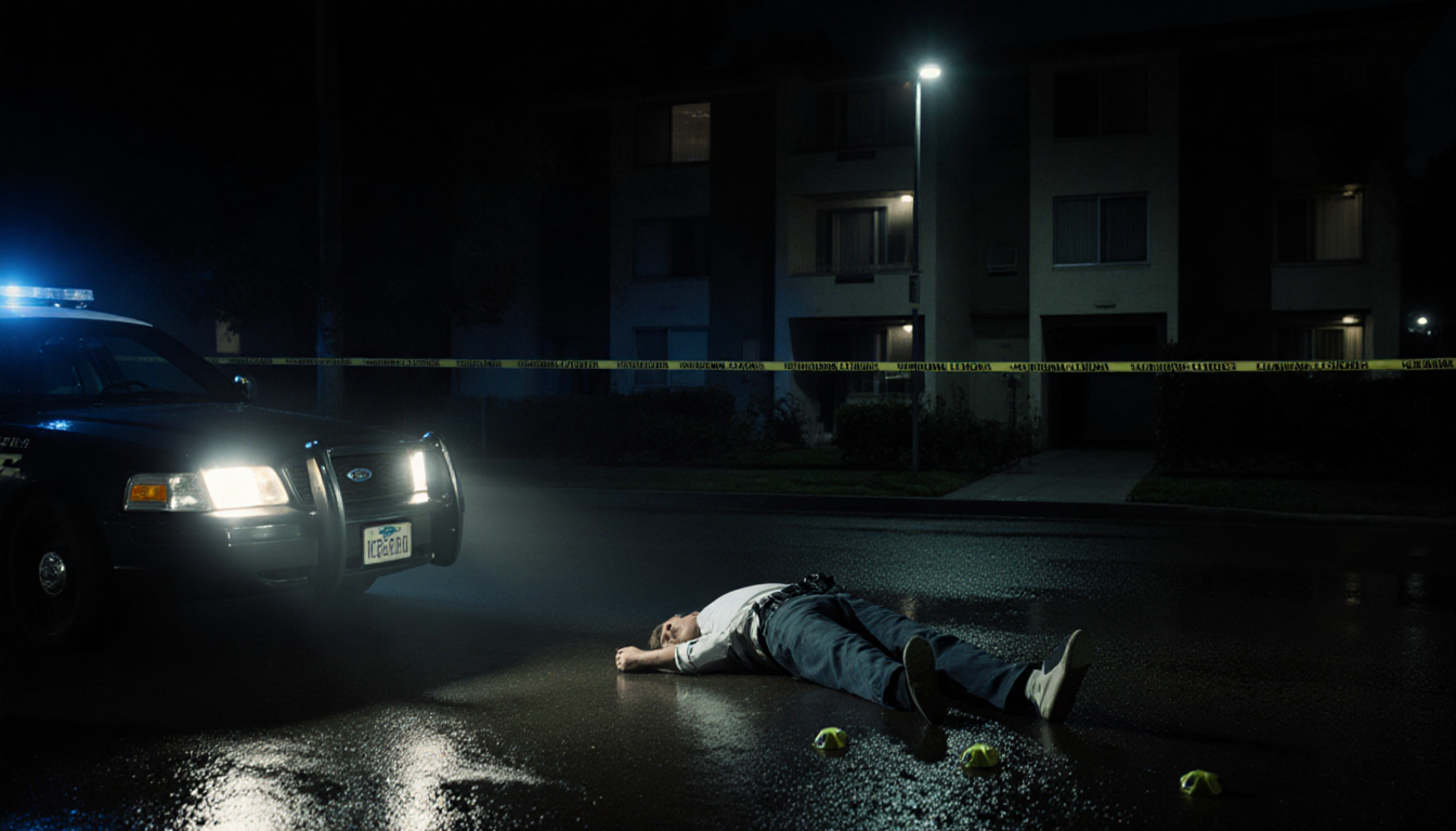 Blurred figure lying on ground with police tape and forensic markers near a police car whose lights reflect on wet pavement