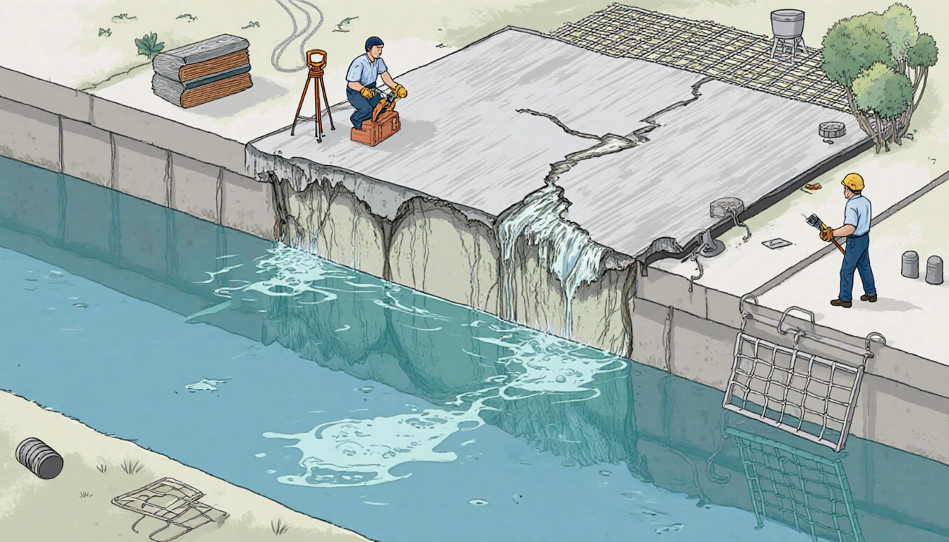 Workers installing new floating cover on reservoir with cracked old cover and welding torch in foreground