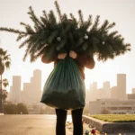 Person holding a Christmas tree with branches wrapped around a reusable bag and a Los Angeles skyline in the background