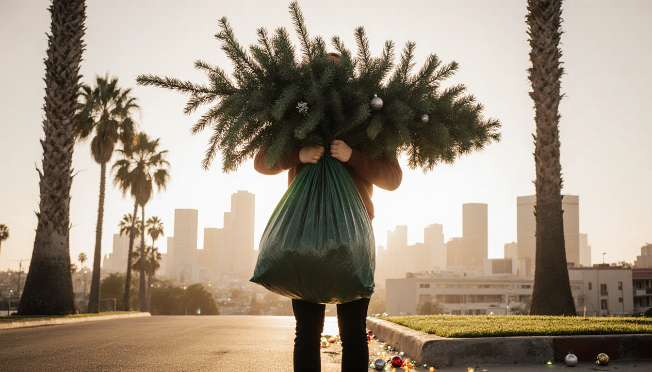 Person holding a Christmas tree with branches wrapped around a reusable bag and a Los Angeles skyline in the background