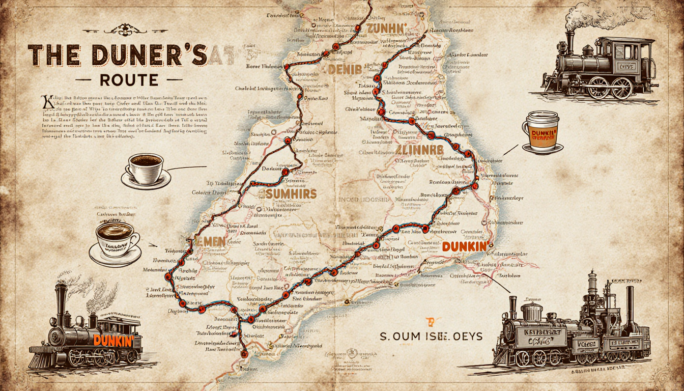 Map shows Revere route with coffee cups and steam engines overlaying historic paths and modern charm