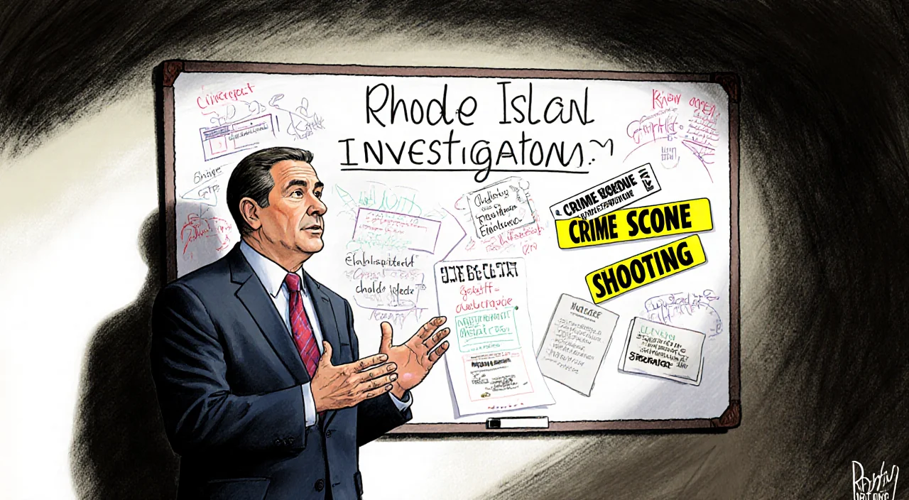 Attorney General Peter Neronha explaining investigation notes with crime scene evidence on whiteboard in dim room