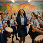 Kayla Manigault leading a lively class in rhythm with students holding instruments and dancing near colorful mural.