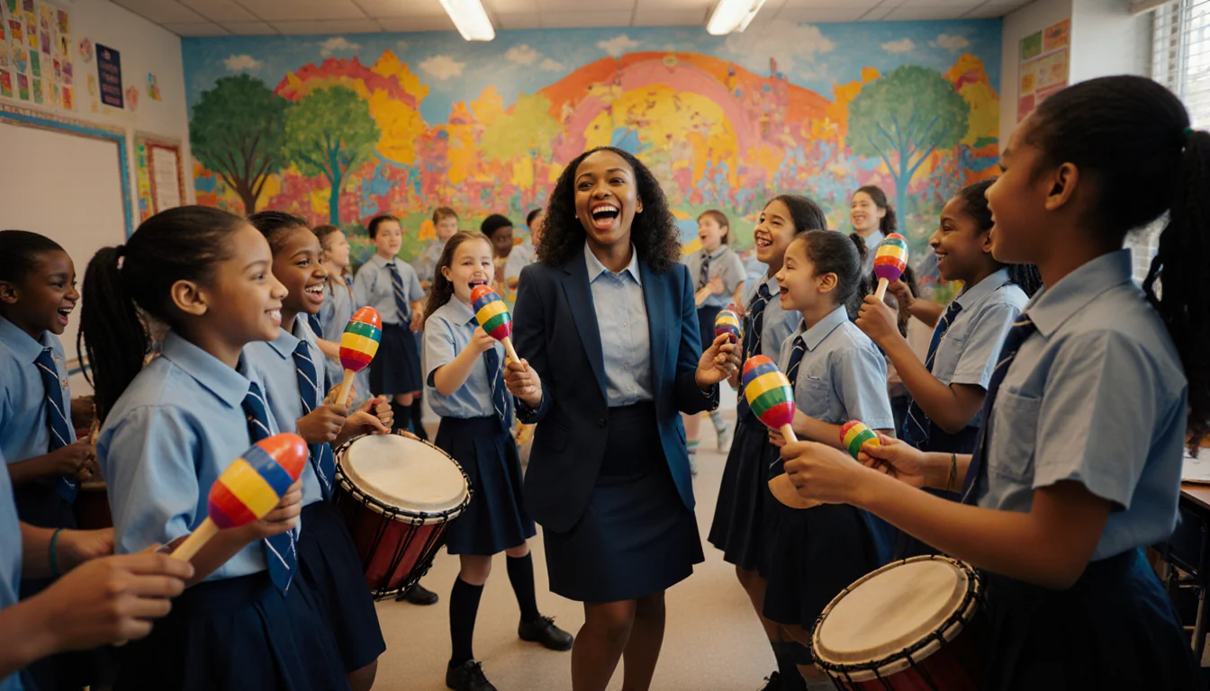 Kayla Manigault leading a lively class in rhythm with students holding instruments and dancing near colorful mural.