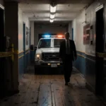 Police cruiser drives into dim corridor with flickering lights and caution tape as Attorney General walks toward camera