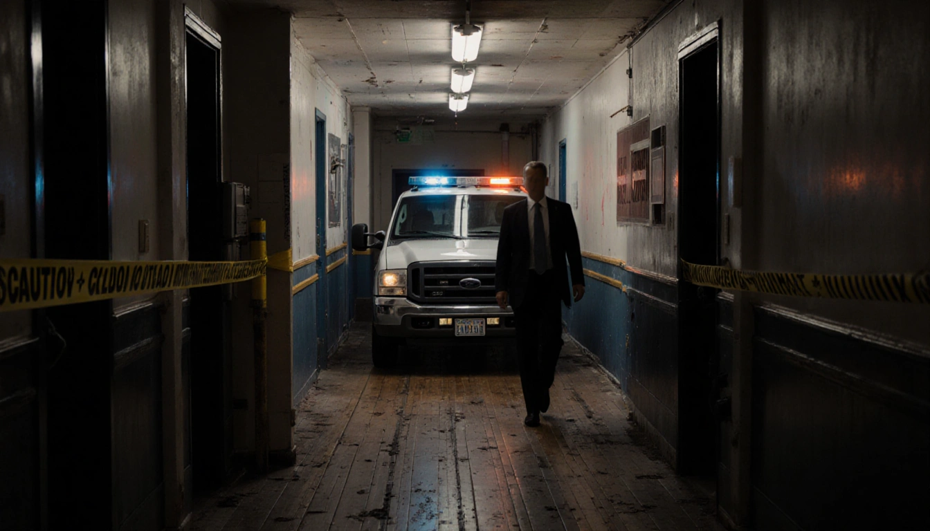 Police cruiser drives into dim corridor with flickering lights and caution tape as Attorney General walks toward camera