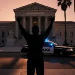 Ricardo Parias raising hands with courthouse facade and police cruiser in background evoking justice and accountability.