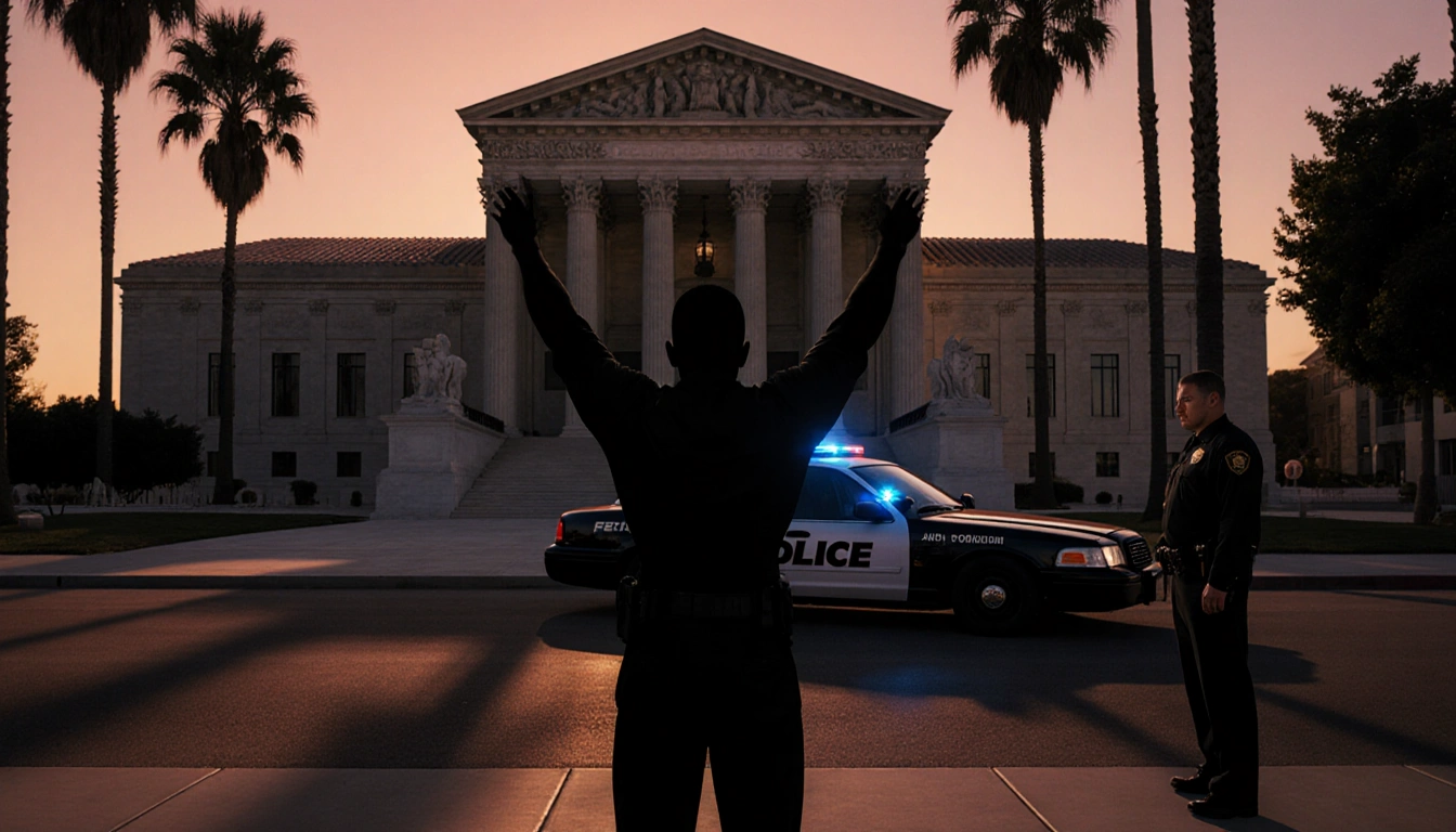 Ricardo Parias raising hands with courthouse facade and police cruiser in background evoking justice and accountability.