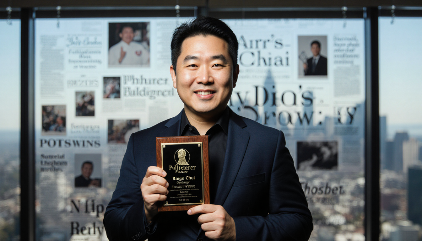 Ringo Chiu holding Pulitzer Prize with newsroom backdrop and cityscape window showing pride