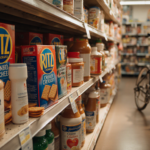 Ritz Peanut Butter Cracker Sandwiches sit on cluttered shelf with ByHeart Formula bottles and shredded cheese.