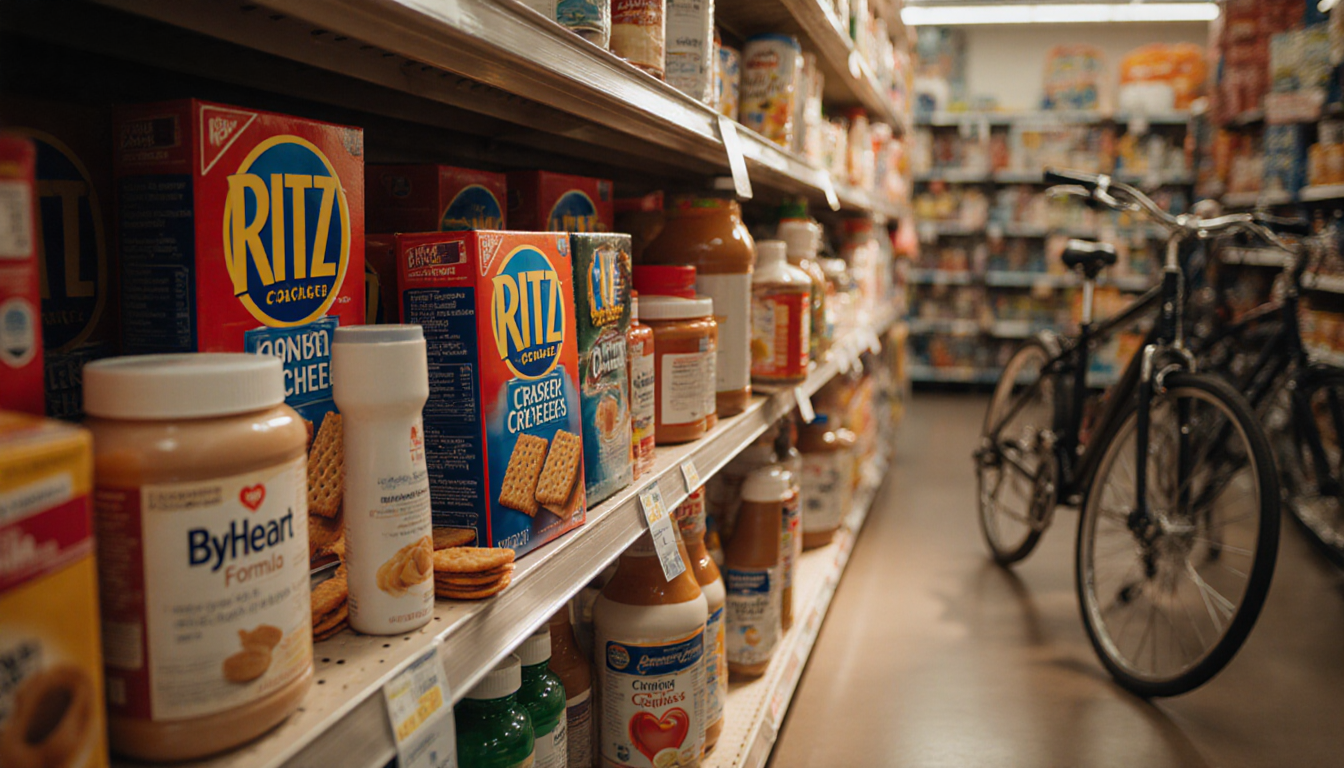 Ritz Peanut Butter Cracker Sandwiches sit on cluttered shelf with ByHeart Formula bottles and shredded cheese.
