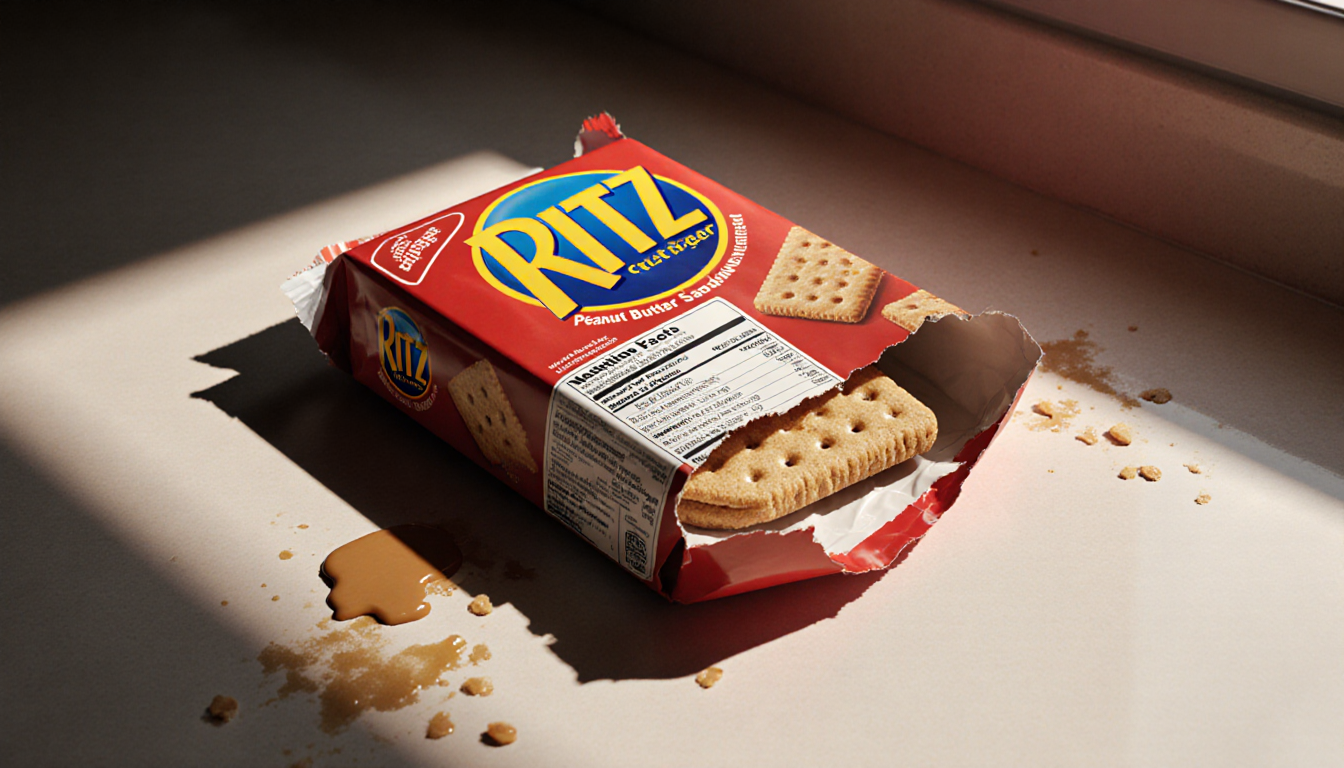 Ritz Peanut Butter Cracker Sandwiches package opening reveals torn label missing allergen disclosure with crumbs