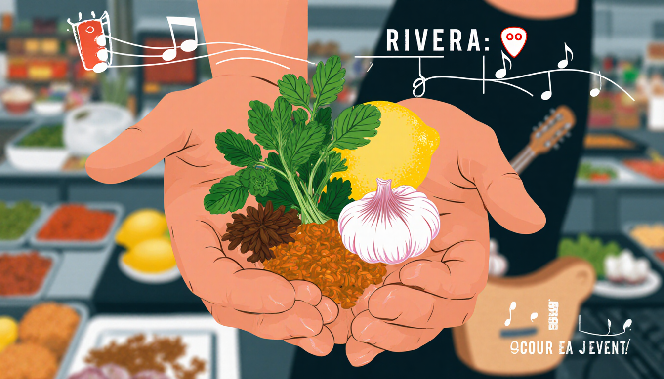 Rivera's hands holding colorful ingredients with fresh herbs lemons garlic spices and a guitar pick for flavor balancing