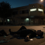 Young man lies motionless on pavement with scattered belongings and faint streetlight glow near police station