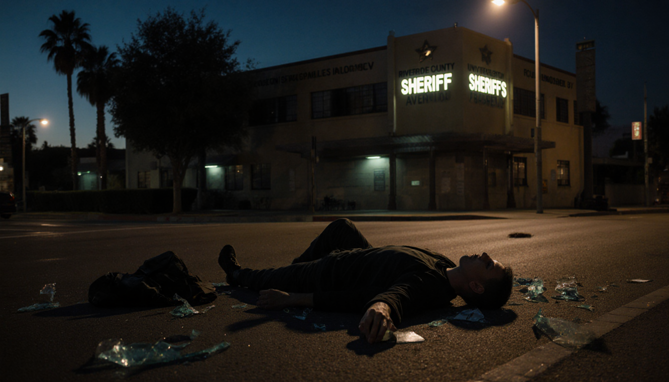 Young man lies motionless on pavement with scattered belongings and faint streetlight glow near police station