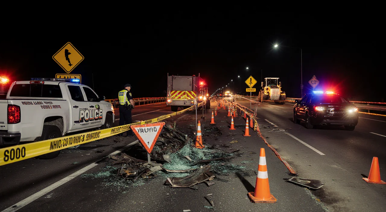 Police officer observes road closure with bright warning cones and twisted metal debris.