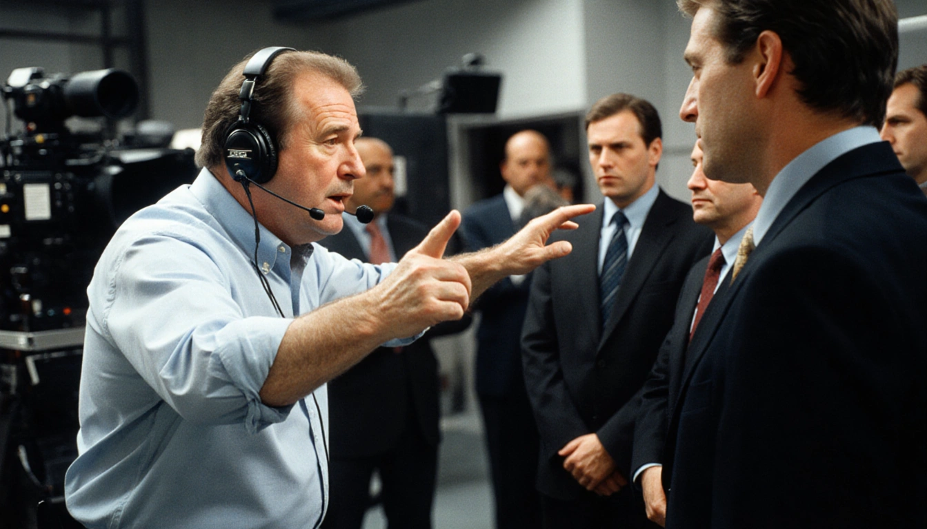 Rob Reiner directing actors with headset during movie rehearsal and blurred crew and equipment in background