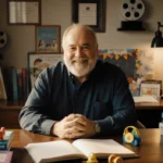 Rob Reiner smiles warmly with a wooden desk and books and toys near him and Hollywood set hints in the background