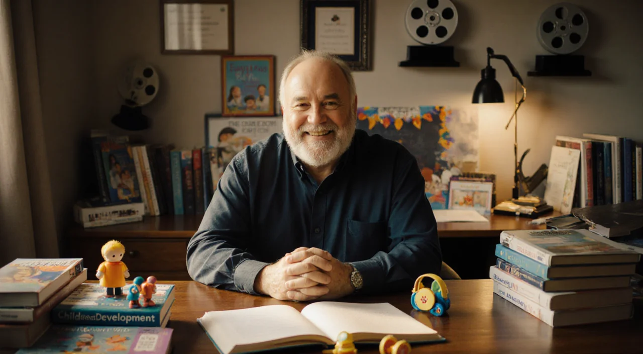 Rob Reiner smiles warmly with a wooden desk and books and toys near him and Hollywood set hints in the background