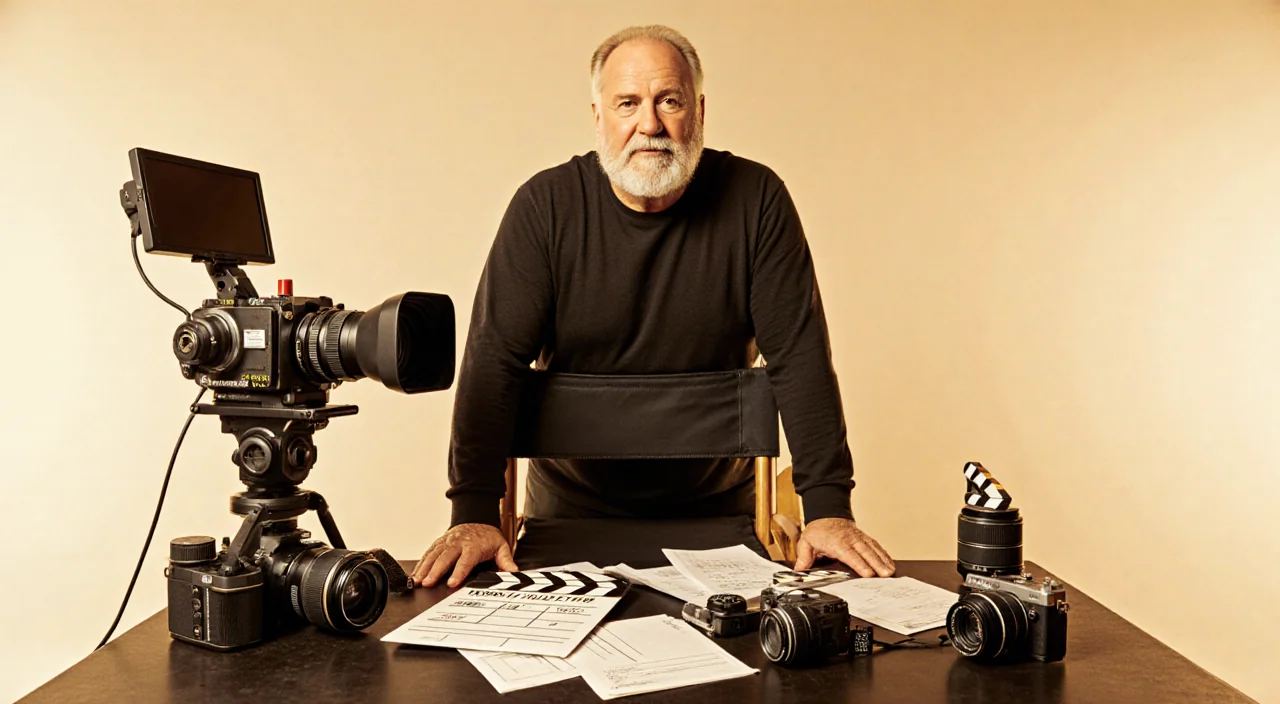 Rob Reiner standing in front of a director's chair with clapboards and film camera and warm golden light