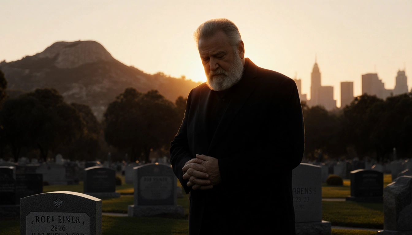 Rob Reiner stands at a gravesite with a small marker and the Los Angeles skyline in a warm sunset glow while his eyes look do