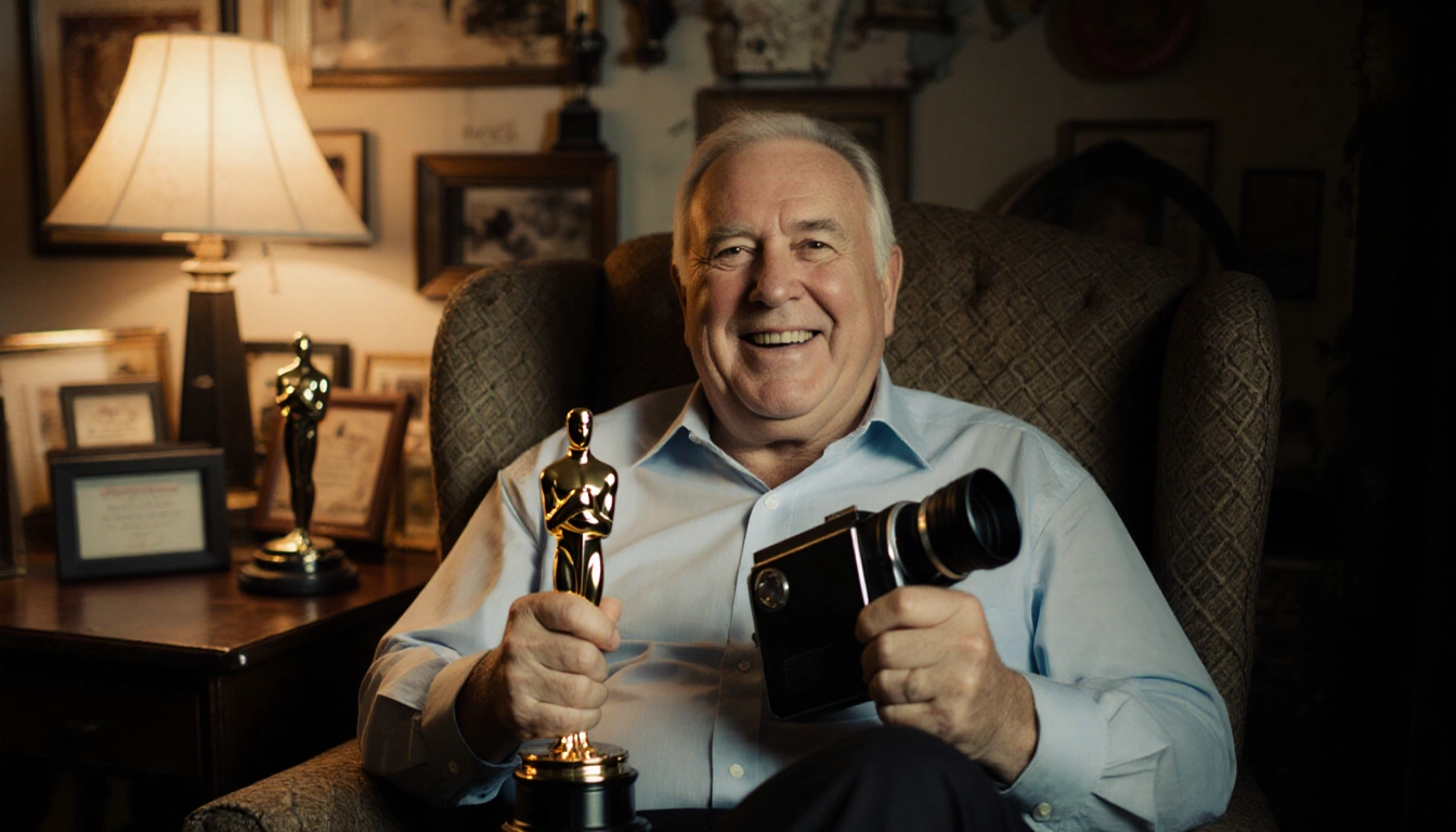 Rob Reiner sits holding a film camera and an Oscar with warm lamp light and nostalgic film memorabilia.