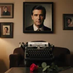 Single rose lies on coffee table with vintage typewriter and framed Rob Reiner photo in a Hollywood memorabilia study.
