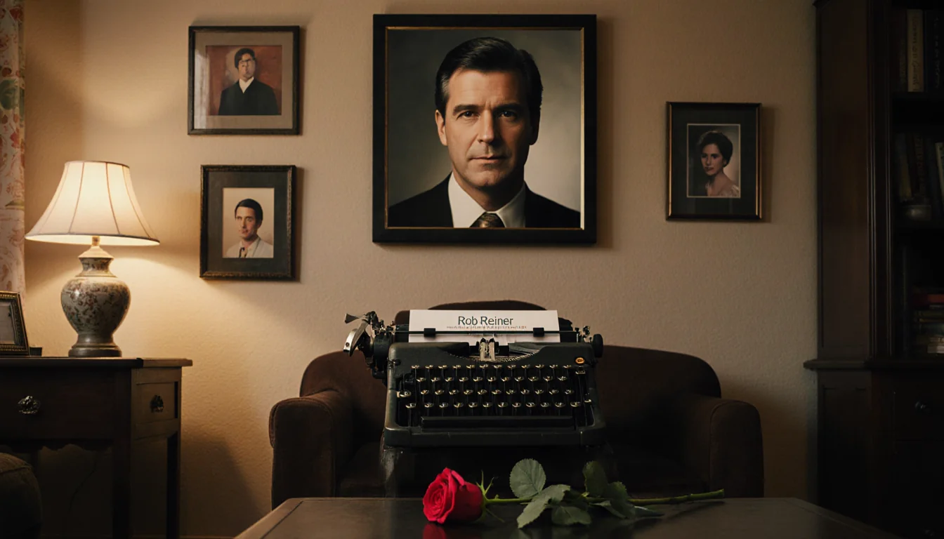 Single rose lies on coffee table with vintage typewriter and framed Rob Reiner photo in a Hollywood memorabilia study.