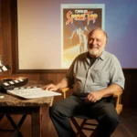 Rob Reiner sits in front of the This Is Spinal Tap poster with projector light and a mic and guitar on a wooden table.