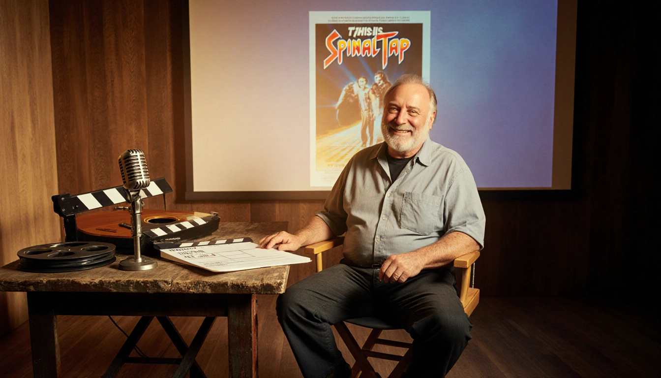 Rob Reiner sits in front of the This Is Spinal Tap poster with projector light and a mic and guitar on a wooden table.
