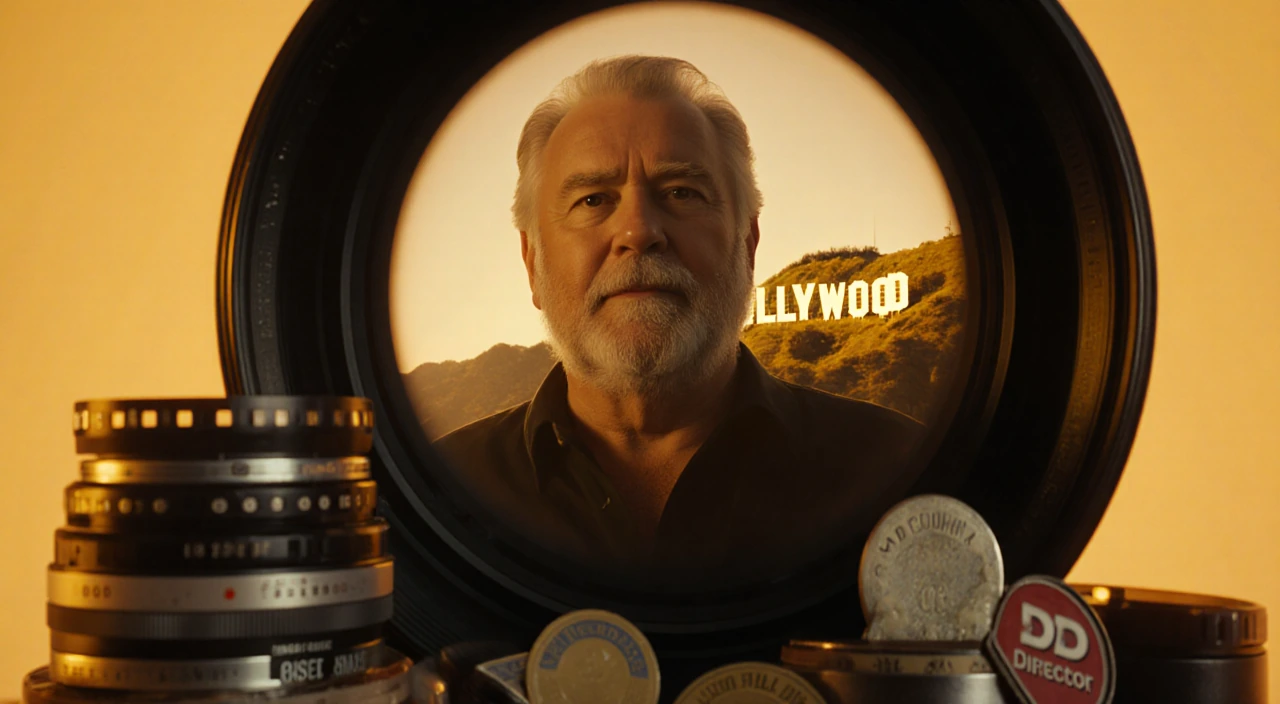 Rob Reiner standing behind vintage camera lens with Hollywood sign and film reels