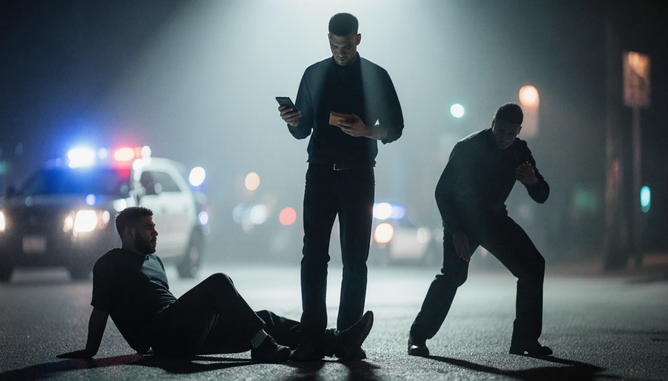 Victim standing firm holding wallet with tense expression as two robbers loom and police lights flash in background.
