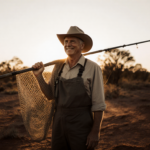 Robert Irwin stands with a fishing net on his shoulder and a smile under an outback sunset casting shadows across the earth.