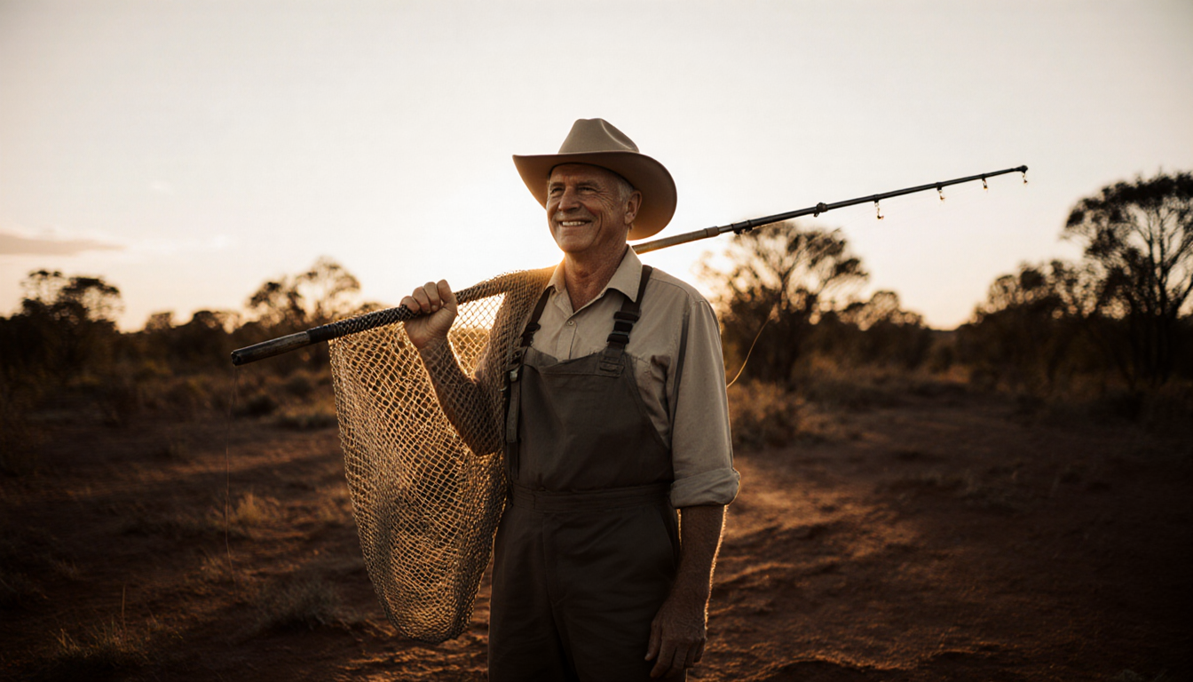 Robert Irwin stands with a fishing net on his shoulder and a smile under an outback sunset casting shadows across the earth.