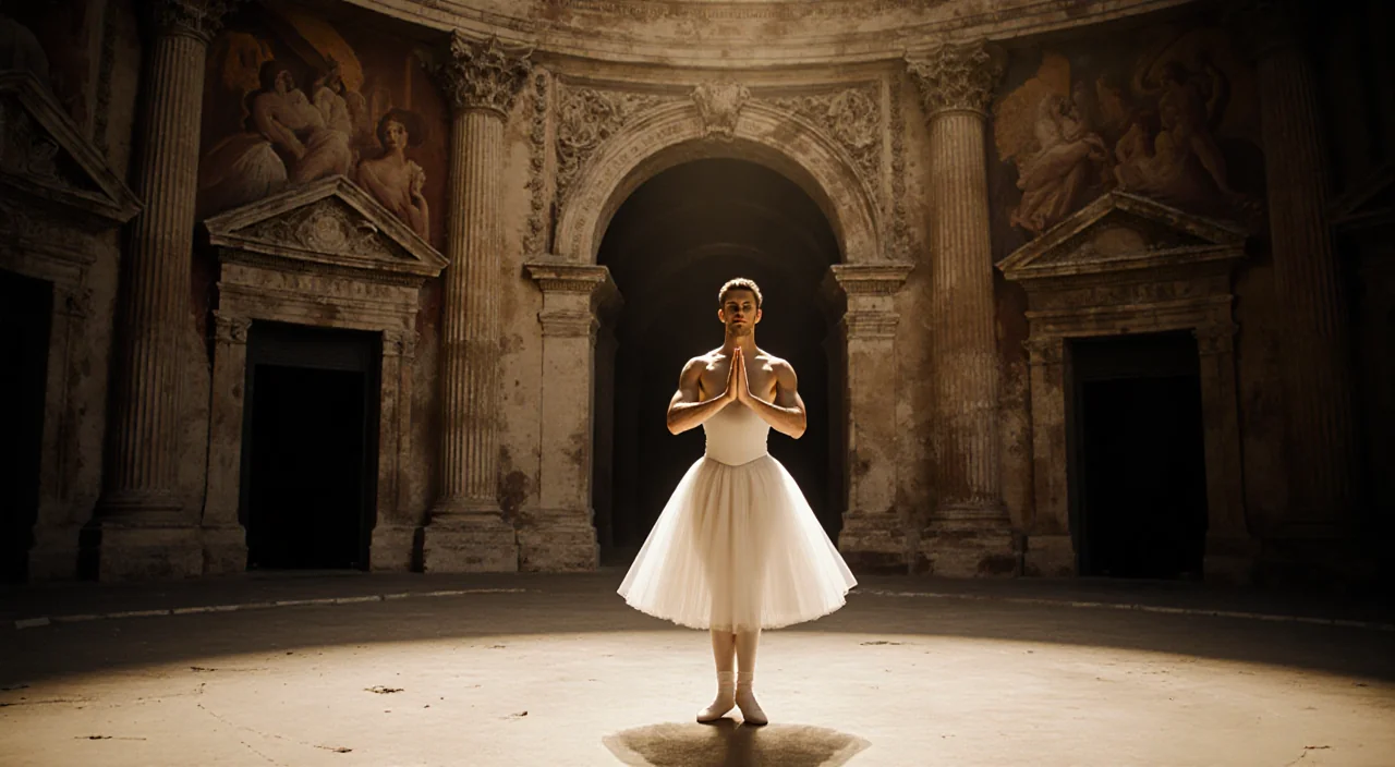 Roberto Bolle standing center of Roman arena in golden light with white tutu and ballet shoes and arms outstretched